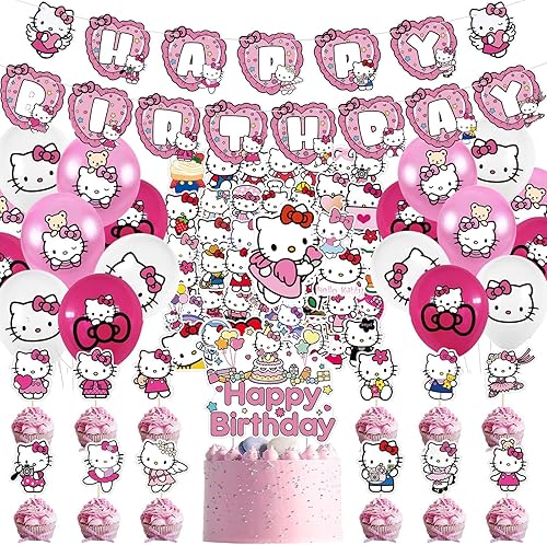 Decoraciones de fiesta de cumpleaños kawaii, lindos globos de anime de dibujos animados, pancarta, calcomanías, adornos para tartas, adornos para