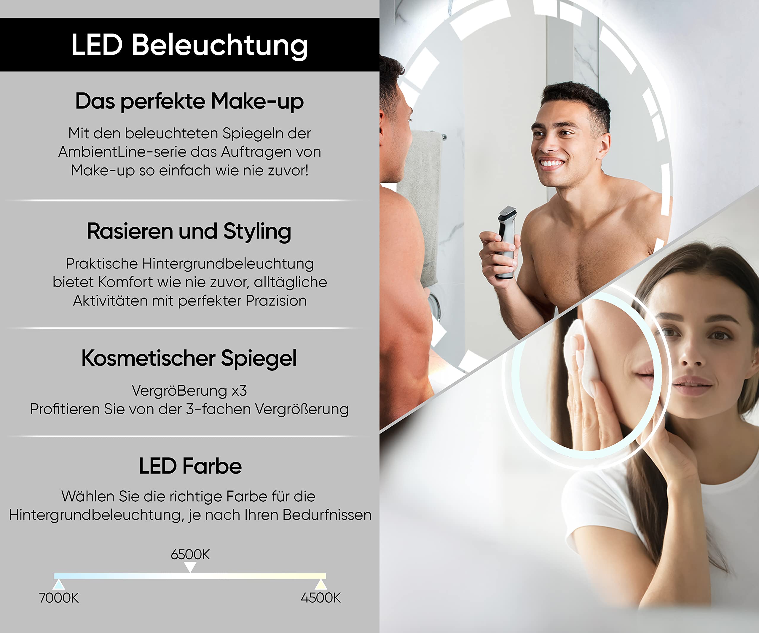 FORAM Badspiegel mit Beleuchtung - Spiegel Rund - 65x65 - Wandspiegel Nach Maß - Runder Spiegel auf Individuelle Bestellung Gefertigt - Modernes Design - Ohne Rahmen