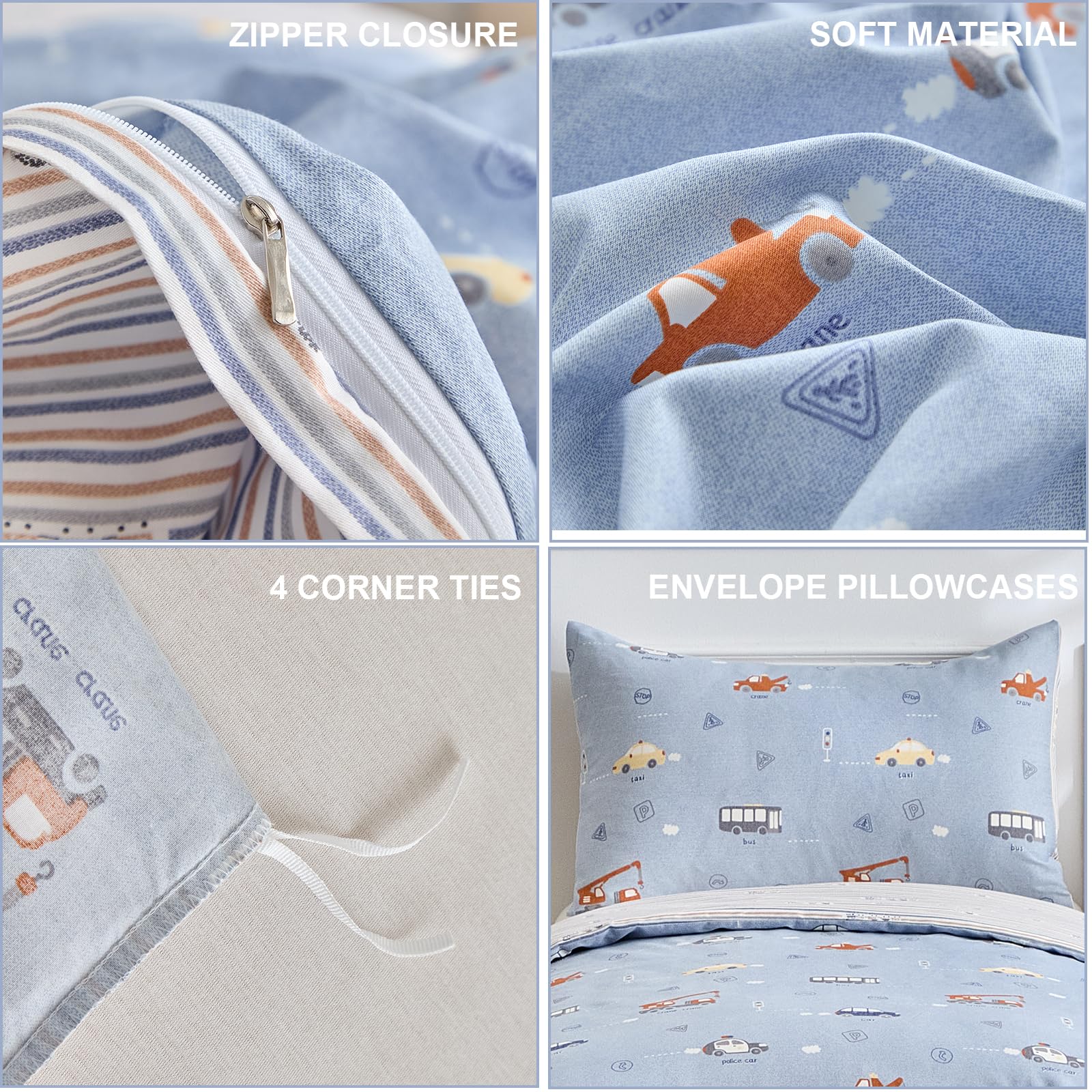 DuShow Cotton Toddler Duvet And Pillowcase Set,Blue Car Cot Bed Duvet Cover Set For Boys,Reversible Junior Toddler Bedding Set,Car-120 x 150 cm - Image 4