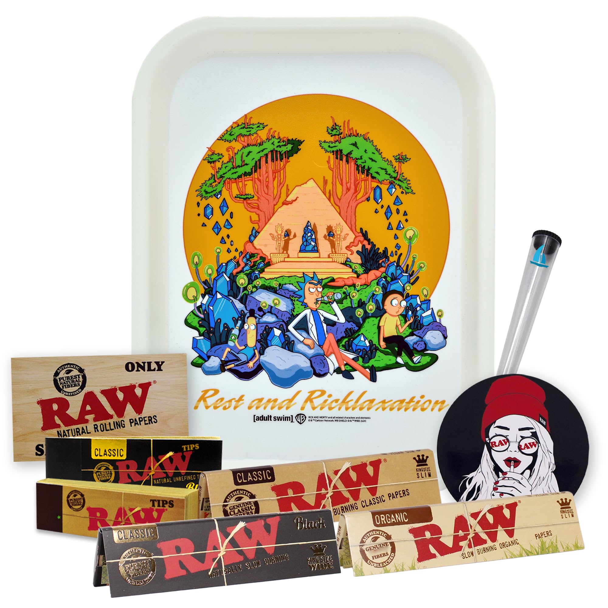 Rolling Tray Rick And Morty Geschenkset - Inkl. Drehunterlage, Airtight Tub, RAW Papes (Classic/Black/Organic), Tips & Stickers