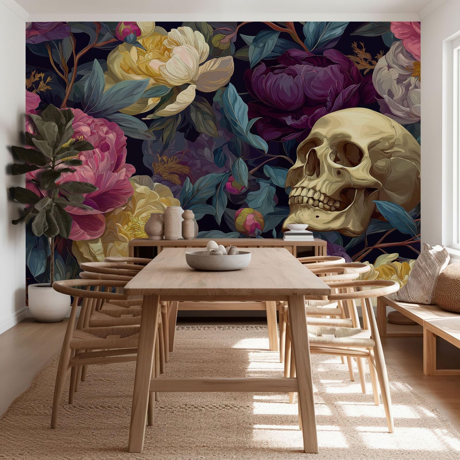 Tapete Fototapete 3d Effekt Dunkel Totenkopf Pfingstrose, 400 x 280 cm (B x H) Wandbild Wanddeko für Wohnzimmer Schlafzimmer, Mehrfarbig Vlies Tapeten mit Geruchsfreiheit Wandposter Wandkunst