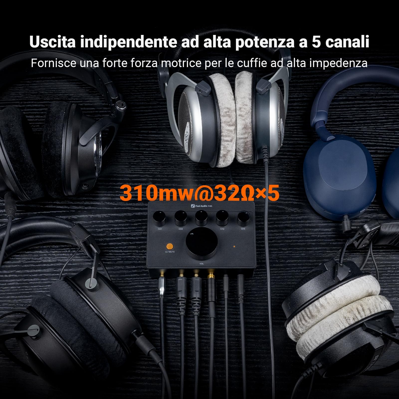 Fosi Audio PH05 Amplificatore per Cuffie a 5 Canali Stereo Compatto, Supporta IEM ad Alta Impedenza da 16-300 Ohm, per Mixer da Studio Musicale, Condivisione Audio, Monitor per Podcast