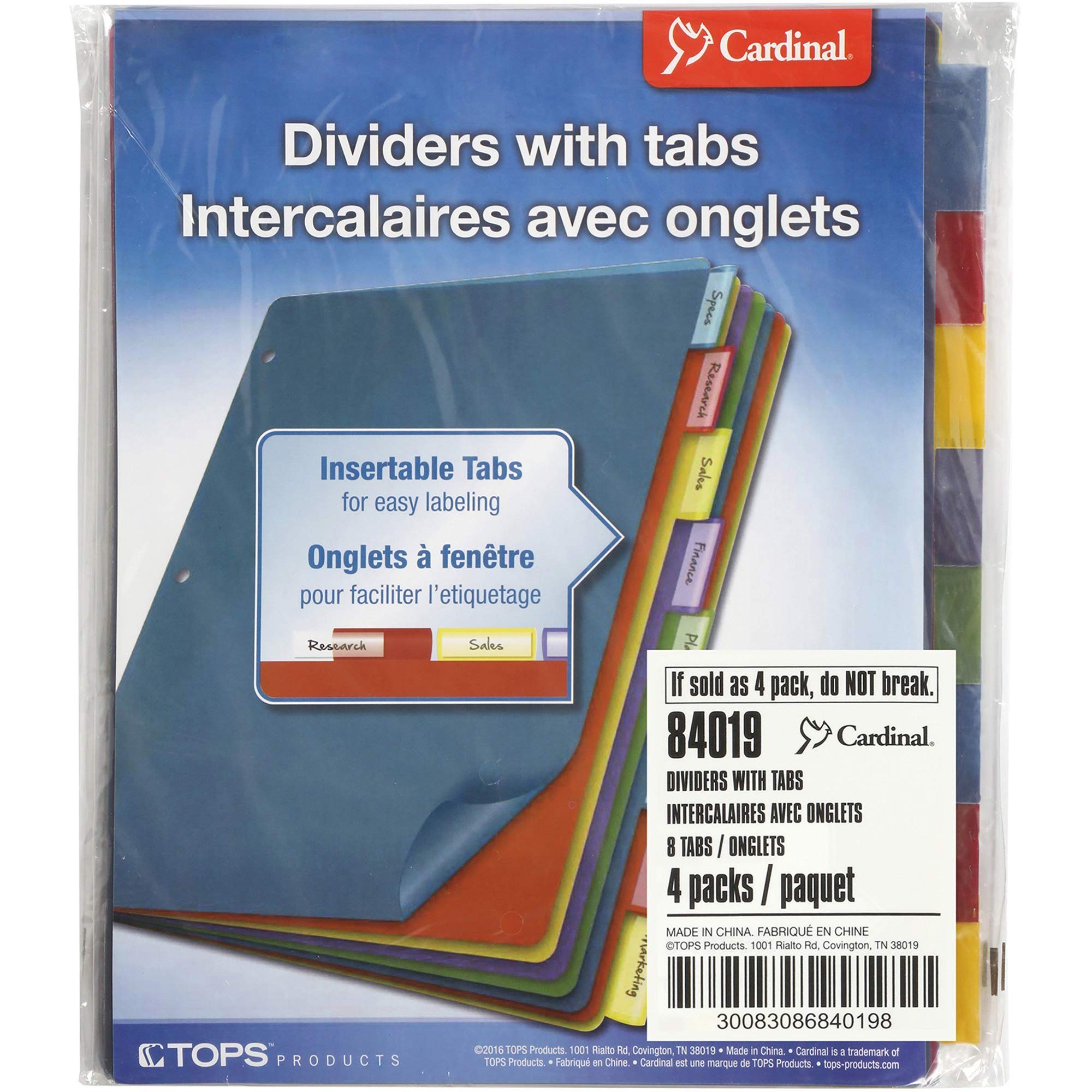 Cardinal 84019 Poly Index Dividers, Letter, Multicolor, 8-Tabs/Set, 4 Sets/Pack