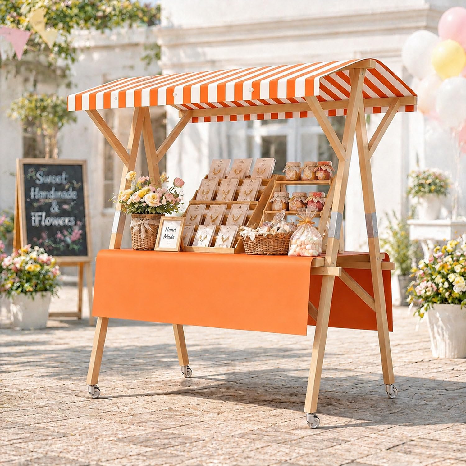 COAKUE Portable Foldable Wooden Farmers Market Stand on Wheels with Awning, Outdoor Vendor Cart Roadside Farm Stand for Roadside Vending, Markets & Craft Fairs OrangeA-120cm/47.2in