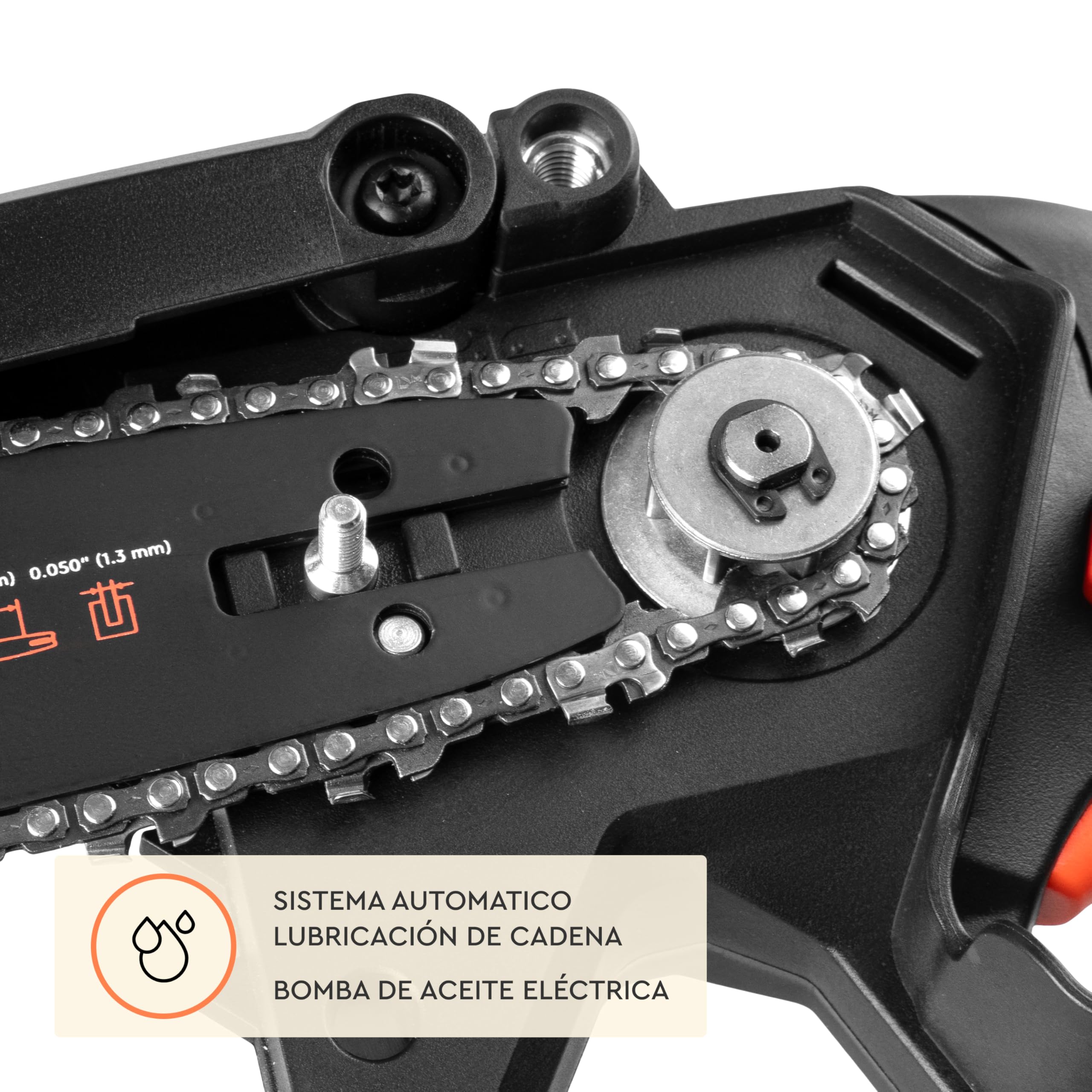 Mini Motosierra Batería DMS-200BC - Motor Brushless 20V, 5.300 RPM - Motosierra Eléctrica Pequeña Compacta, Guía 15 cm, Cadena 7,9 m/s, Engrase Automático - con Bateria 4Ah y Cargador - Por Dnipro-M