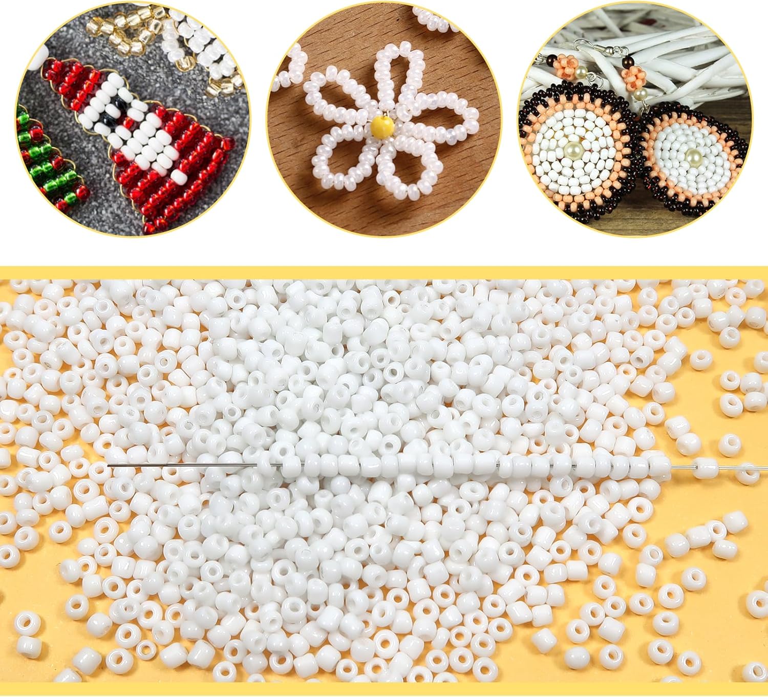 TOAOB 1500pcs 3mm White Seed Beads Opaque Glass Round Small Pony Bead Spacer Beads with Beading Pin for Beading Weaving Earrings Bracelets Necklaces Eyeglass Chain Art Crafts Jewelry Making - Image 4