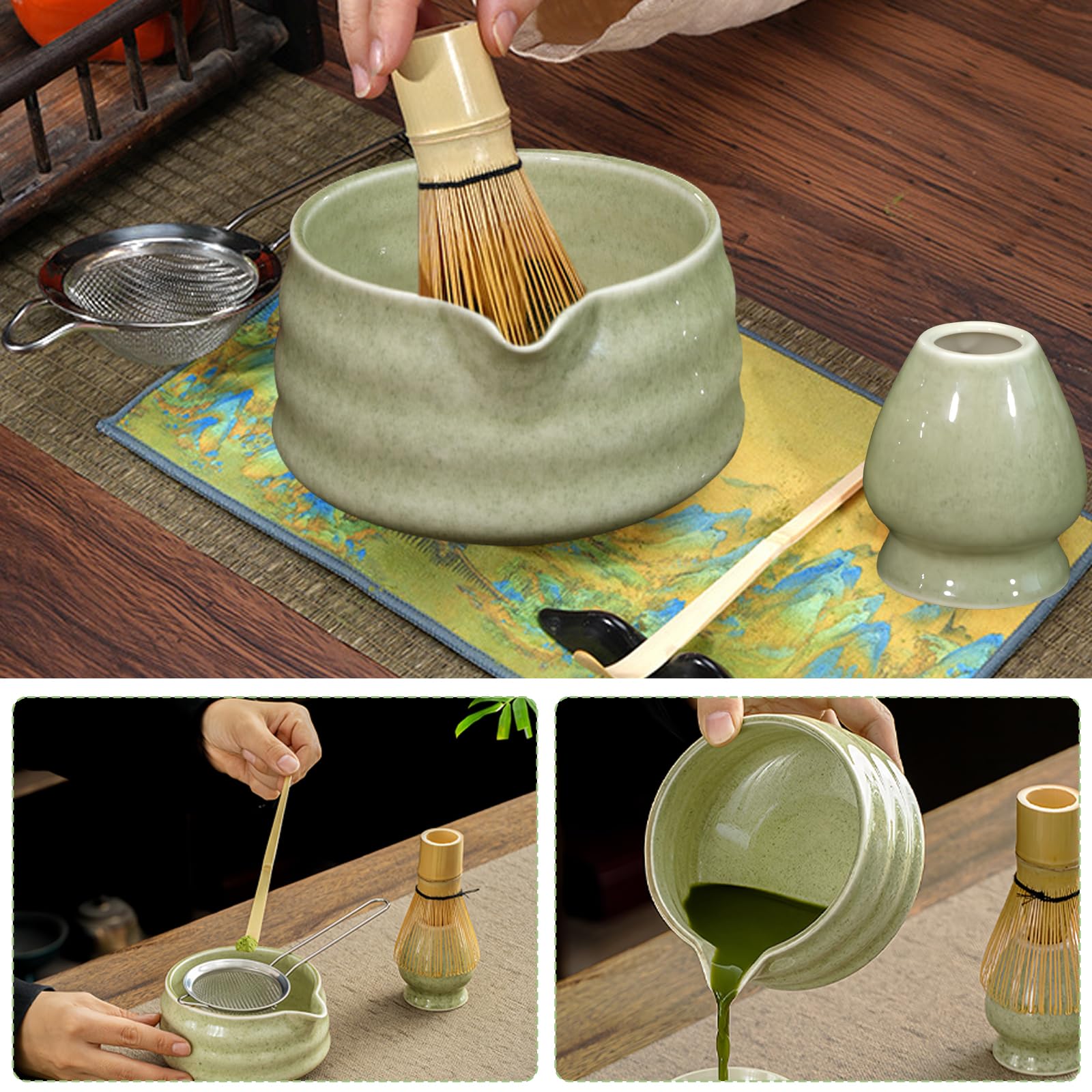 2 szt. miska matcha: 18 OZ ręcznie robiona matcha chawan miska matcha na ceremonię matcha miska ceramiczna matcha z dziobkiem, zielona