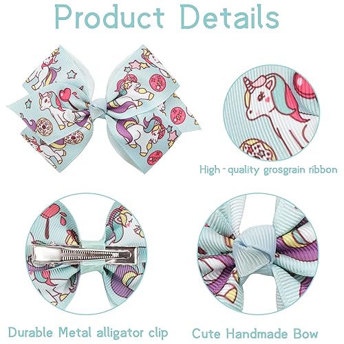 Miniatura 5 de 24 lazos de 4.5 pulgadas para niñas, cinta de grogrén de arco iris, pinzas para el pelo de cocodrilo, lazos de coleta, pinzas de unicornio para el