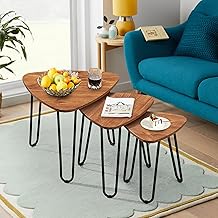 VECELO 3-Piece Nesting Coffee Tables with Metal Frame, Triangle Stacking Nightstand Home Furniture Set for Living Room, Easy Assembly,Rustic Brown