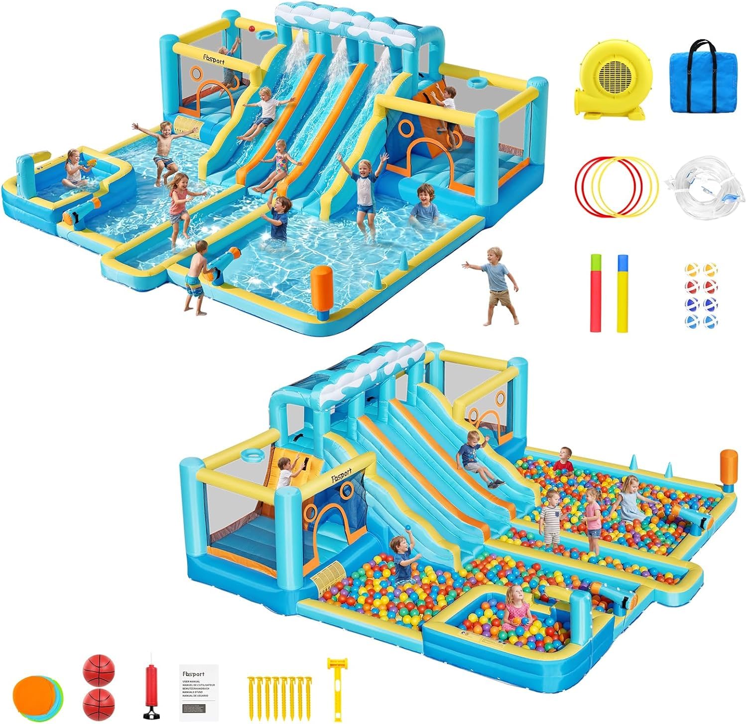 FBSPORT Aufblasbare Hüpfburg mit Gebläse,wasserpark hüpfburgen mit Wasserrutsche, Planschbecken, Sprungbereich & Kletterwand, für Innen- und Außenbereich