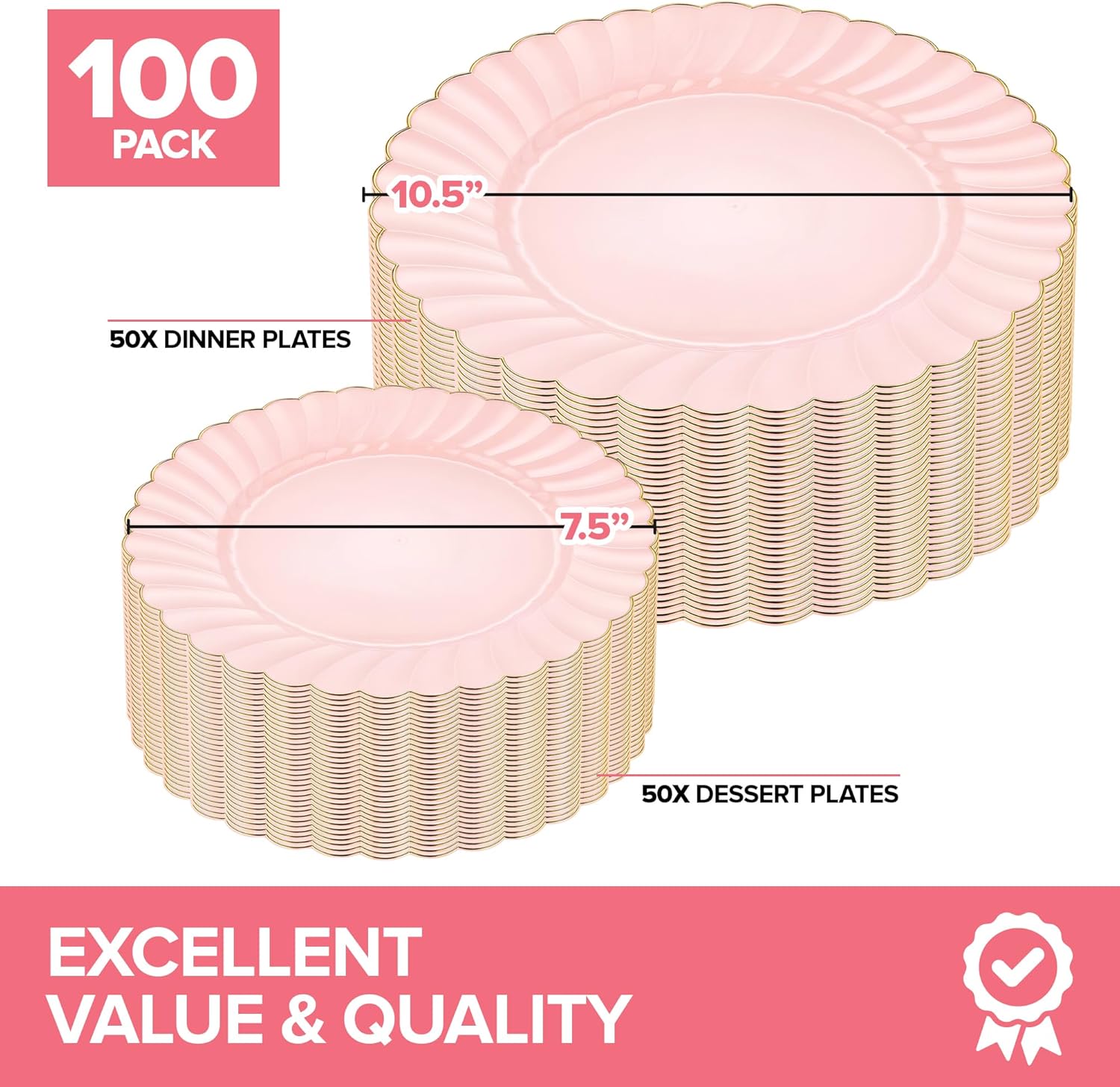 Stock Your Home 100 Pack Pink & Gold Scalloped Plastic Plates, Disposable Heavy Duty Gold Rimmed Plates for Parties, Weddings, Holiday Dinners and Special Events