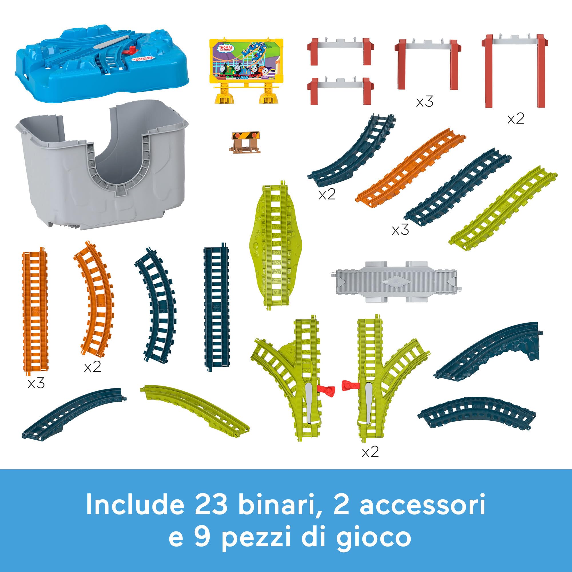 Il Trenino Thomas - Bauletto Multipista, set di espansione da 34 pezzi per trenini e locomotive die-cast e motorizzati a pile, giocattolo per bambini, 3+ anni, HNP81