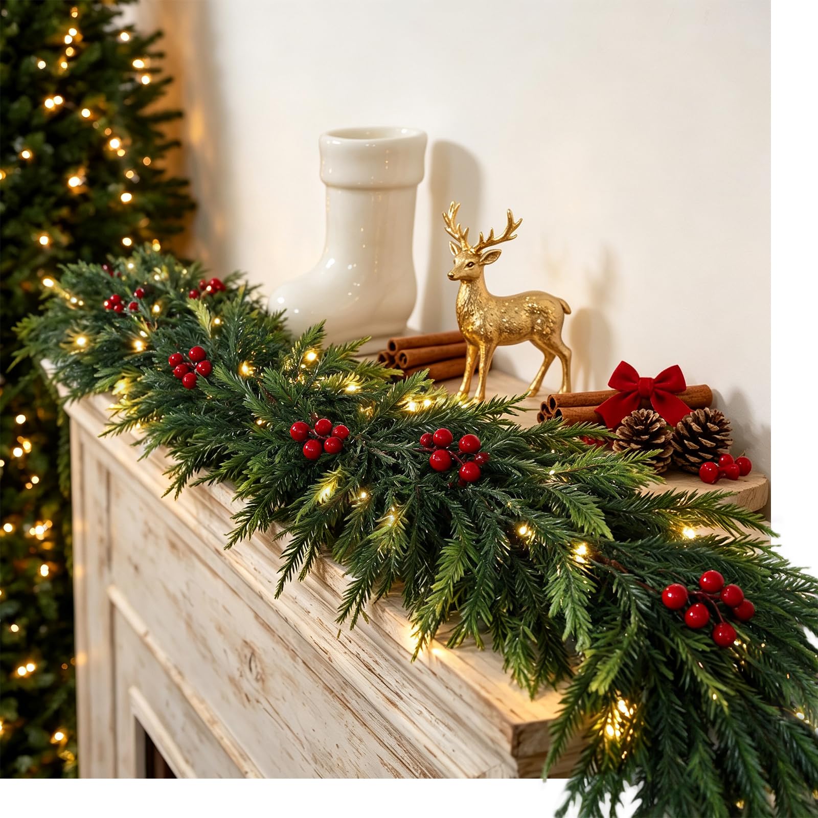 9FT Artificial Christmas Garland with Lights Red Berries 50 LED Warm White