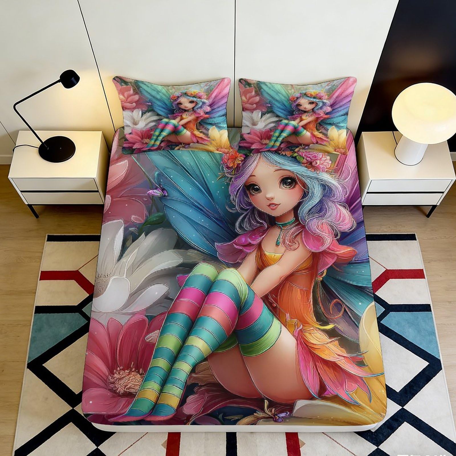 3D Printed Fantasy Fairy Fitted Sheet Microfiber Soft Colourful Girl Art Mattress Cover for Bedroom Dorm Decor 90x200x25cm