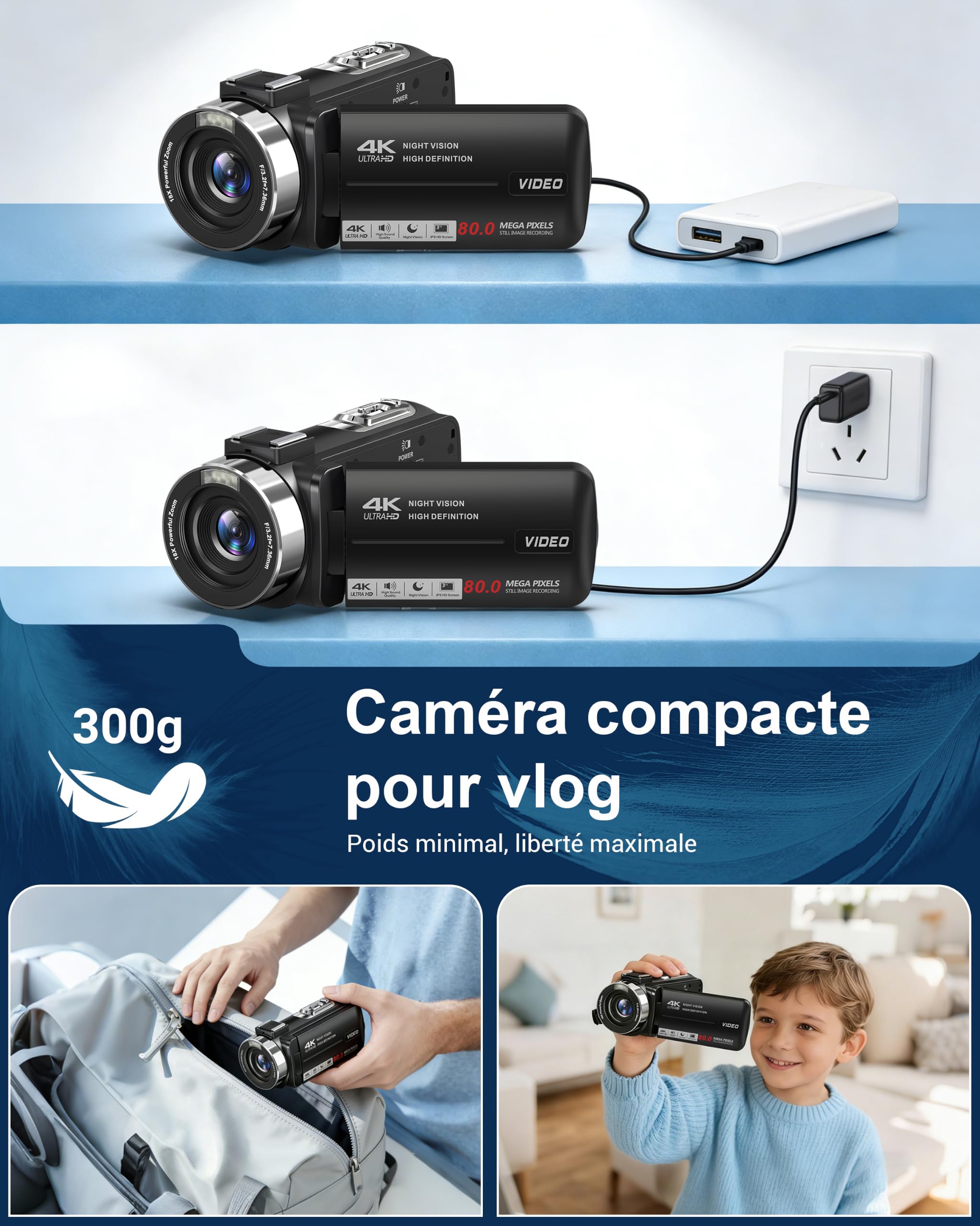 Caméscope 4K Caméra Vidéo 80MP Vision Nocturne Zoom 18X Vlogging Camera