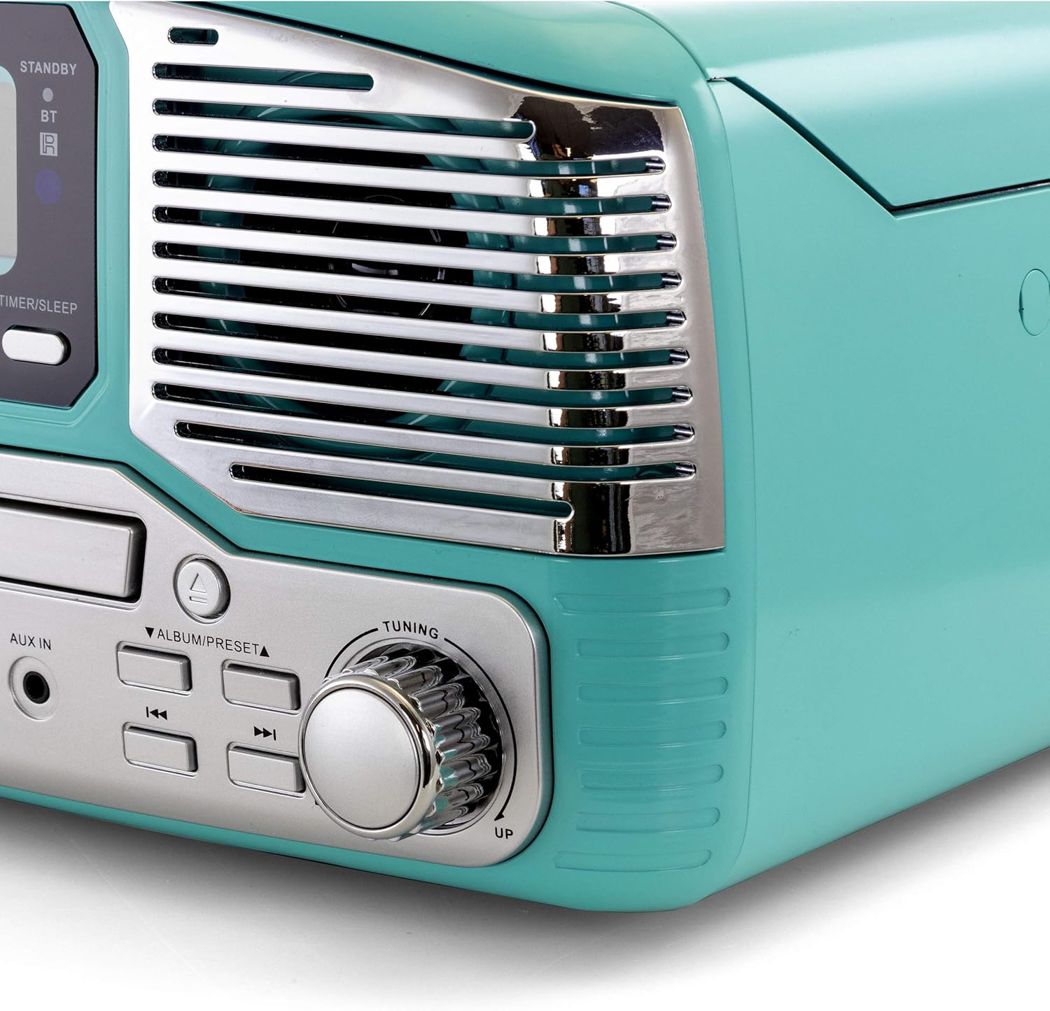 Side view of the Trexonic Retro Record Player showing the tuning knob.