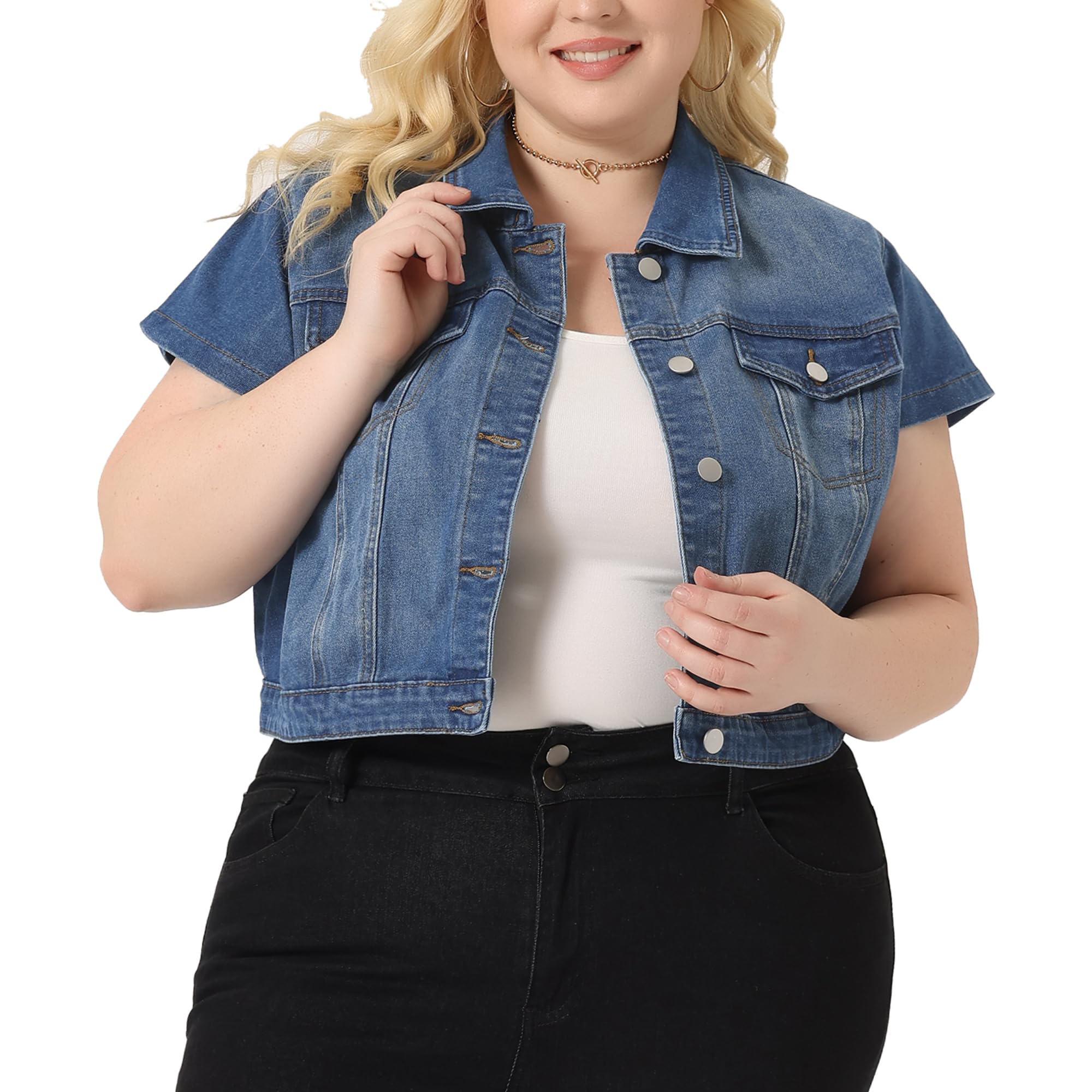 Agnes Orinda Plus Size Short Sleeve Denim Jackets for Women Button Washed Cropped Jean Jacket