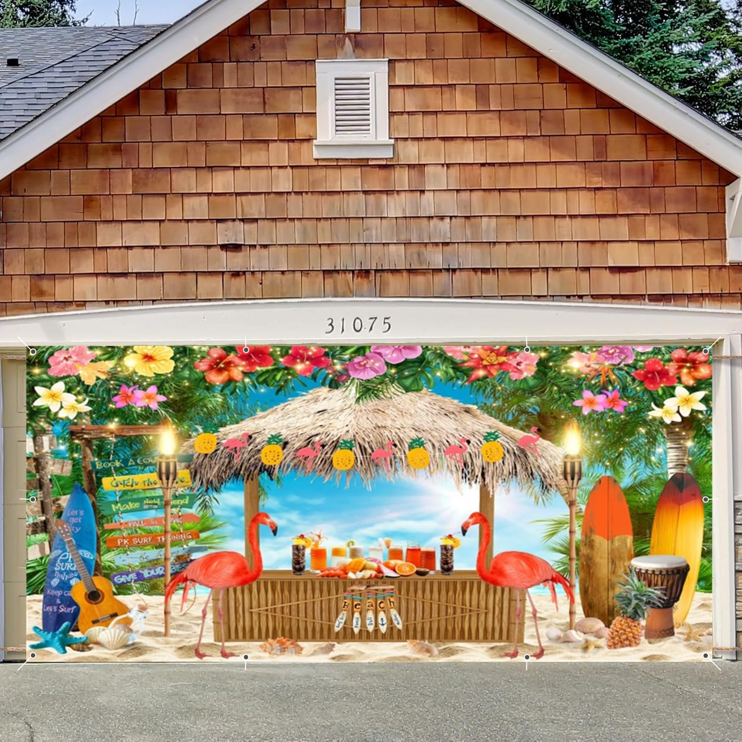 Summer Hawaiian Beach Garage Door Cover Banner Decorations Backdrop 8x16ft Large Aloha Beach Bar Palm Garage Door Cover Outdoor Wedding Birthday Party Baby Shower Vacation Garage Door Decoration Props