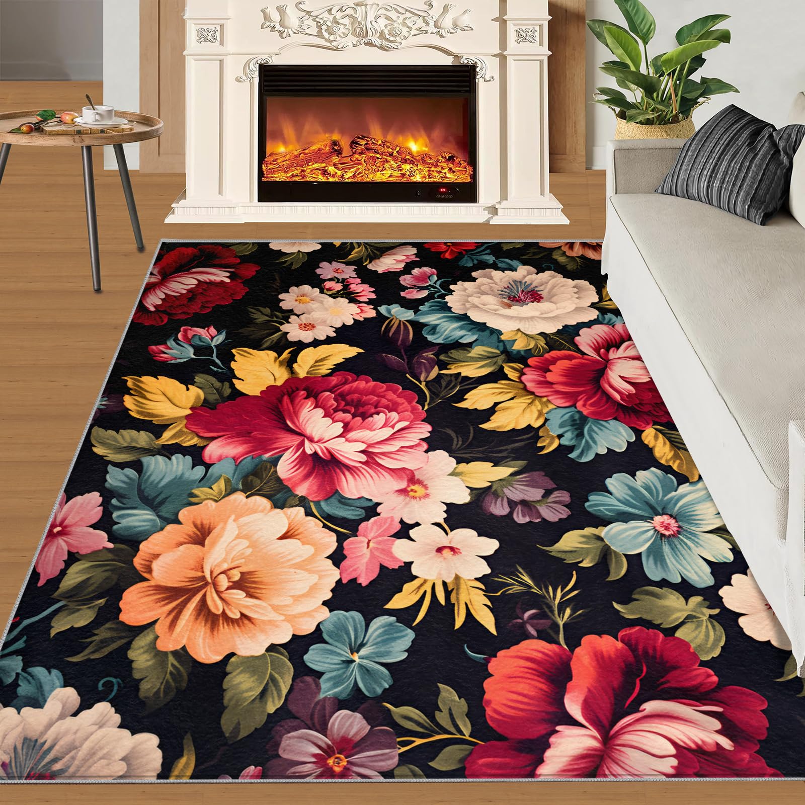 SANSJI Watercolor Flower Rugs for Girls Bedroom 170x240 cm, Non-Slip Washable Antique Plant Design Area Rug for Women, Soft Low-Pile Vintage Black Carpet, Ladies Floral Style