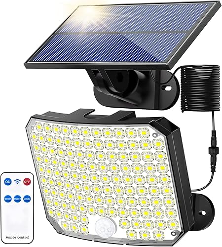 KERNOWO Luces solares para exteriores 118 luces LED solares con sensor de movimiento con control remoto IP65 impermeables con cable de 165 pies para