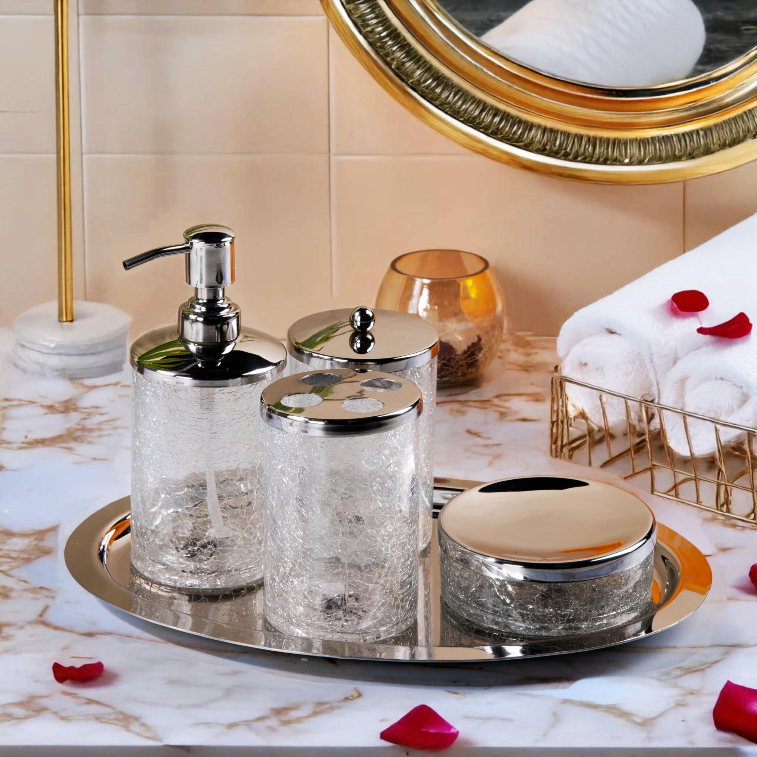 GIBOX Crackled Glass Bathroom Accessories for Counter Top Restroom Apartment Décor Stuff | Fancy 5 Set Bathroom Accessories | Designer Bathroom Set for Home | Bathroom Organizer Tray Set