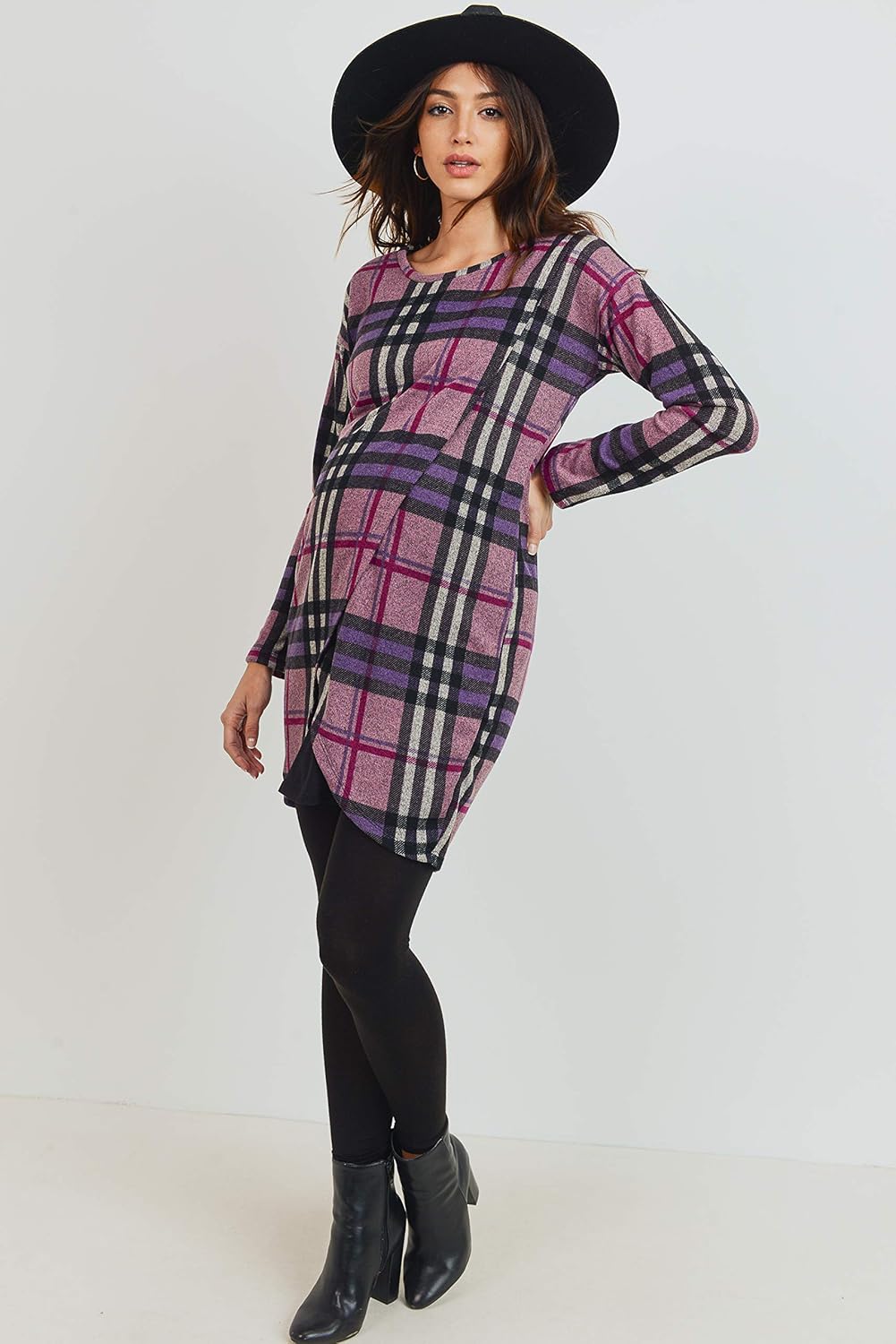 HELLO MIZ Women's Sweater Knit Long Sleeve Maternity Nursing Tunic Dress (Purple Plaid/Black, XL)