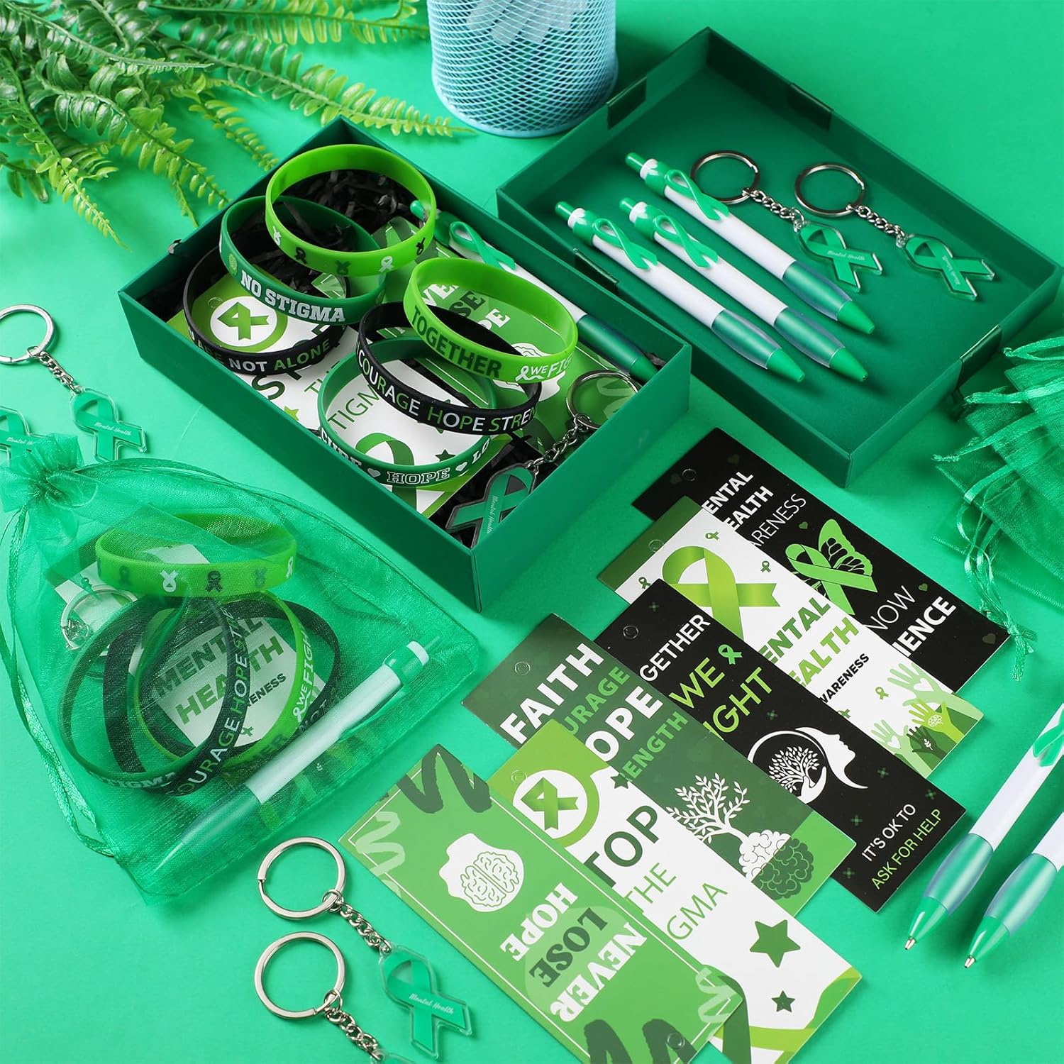 Fullhawl 120 Pcs Mental Health Awareness Gift Set Include Mental Health Pens Green Ribbon Silicone Bracelets Wristbands Bookmark Keychain Green Organza Bag for Office Public Charity Events Supplies