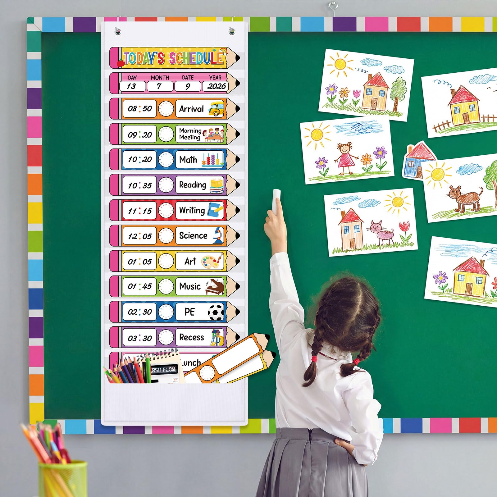 Pasimy Tagesplan-Taschendiagramm mit 31 Bleistiftkarten und 14 Taschen, Schulanfang, Klassenzimmer, Dekoration für Schule, Büro, Zuhause, pädagogische Aktivitäten