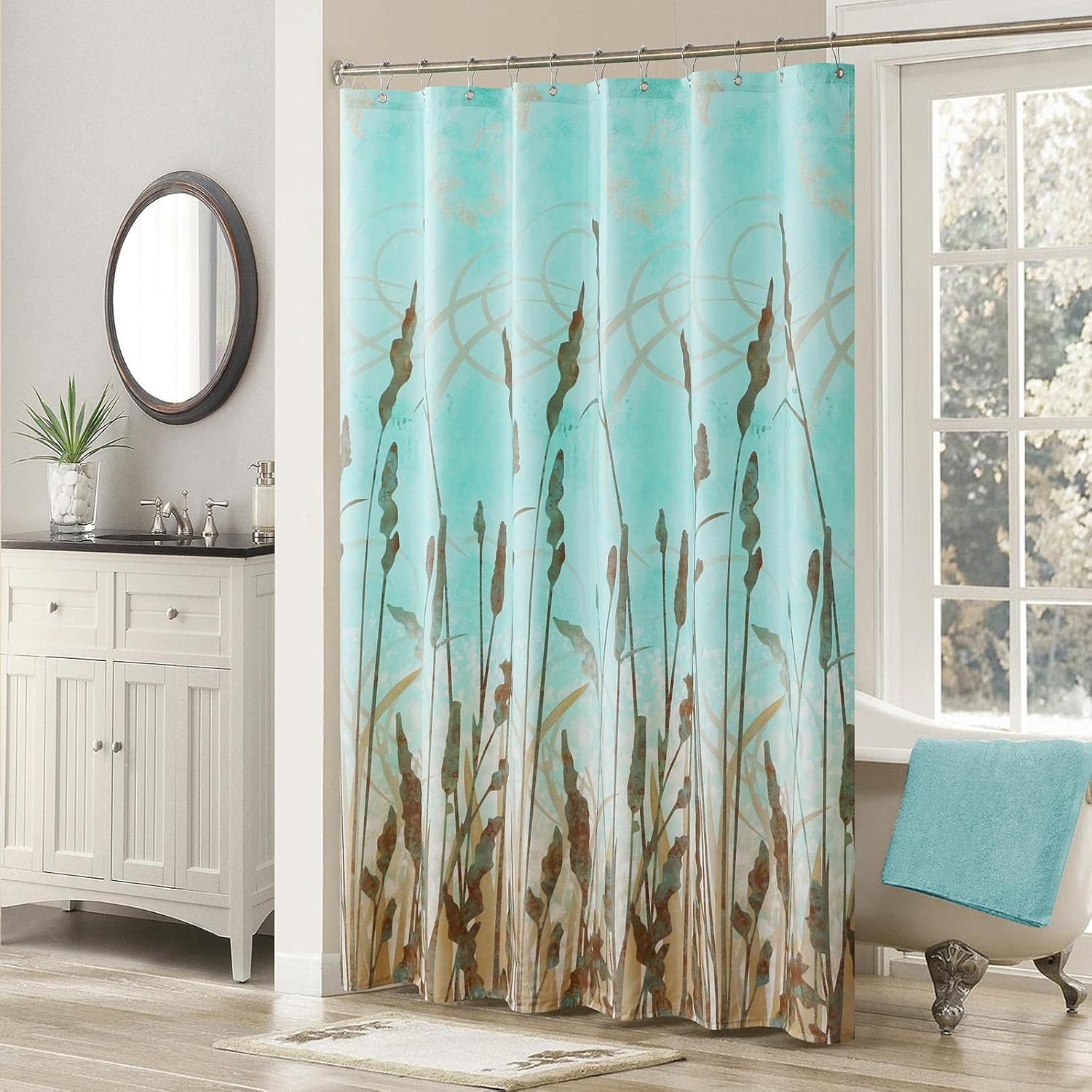 HOLEILUCK Aqua Flower Polyester Fabric Bathroom Curtain Extra Long Plants Graphic