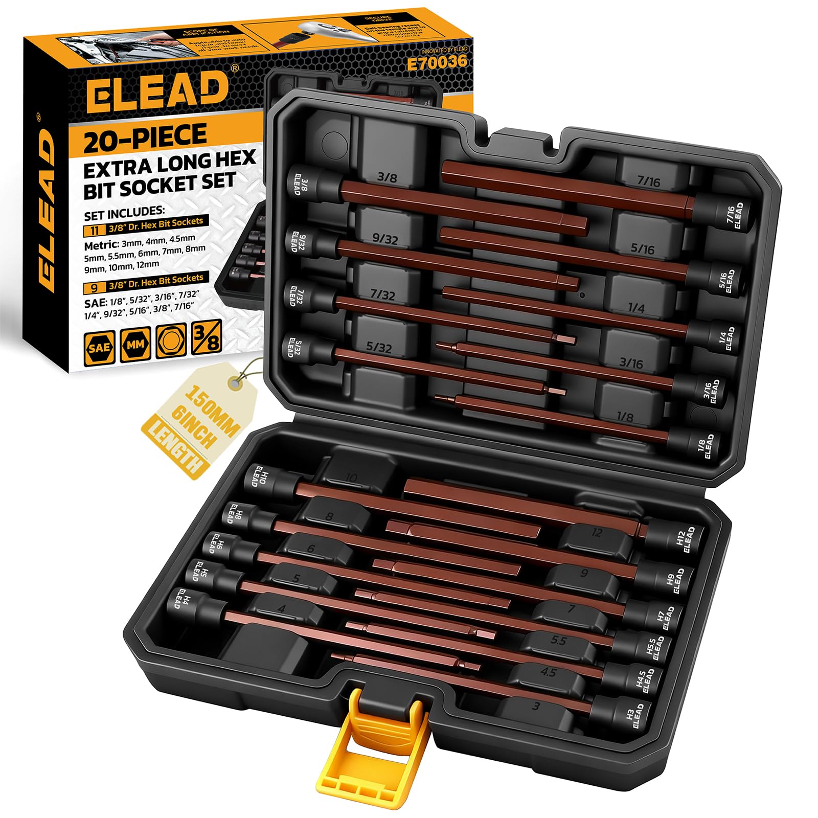 ELEAD Extra-Long Allen Hex Bit Socket Set: 20-Piece 3/8 Inch Drive, S2 Steel, Standard SAE & Metric (1/8-Inch - 7/16-Inch, 3-12mm) for Impact Drills