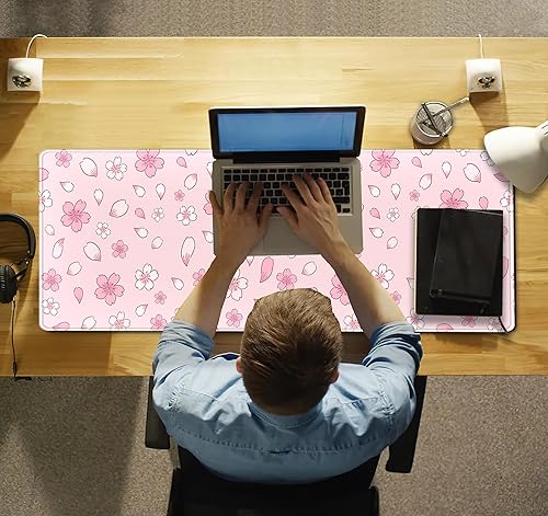 Miniatura 6 de Alfombrilla de mouse con diseño de flor de cerezo, tamaño Kawaii, color rosa, XL, grande, extendida, para videojuegos, para escritorio, estética,