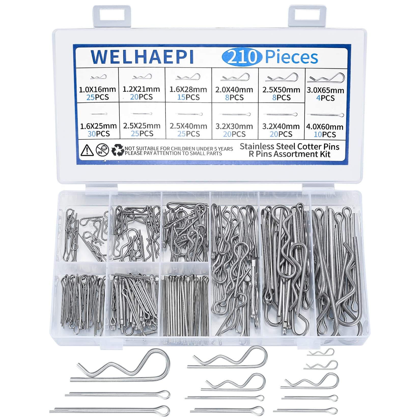 210 Pezzi Coppiglie Spaccate e Copiglie R Clips, Coppiglie Mollette a R, Morsetti a R, Coppiglie di Sicurezza R Clips Assortimento Kit per Trattori Auto Camion