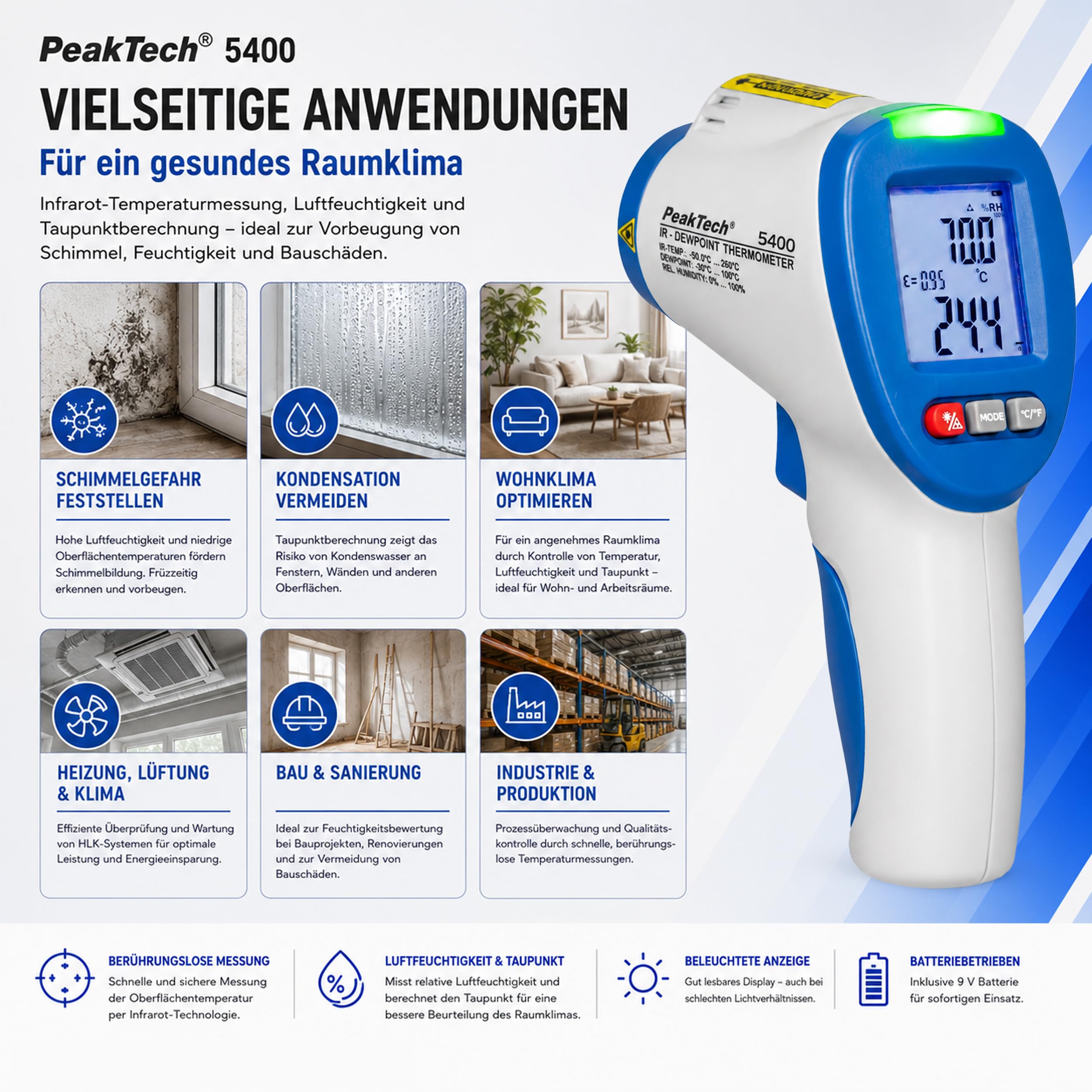 PeakTech P 5400 - IR Messgerät, Infrarotthermometer (-50°/260°), Oberflächen Thermometer, Taupunktscanner (-30°/100°), LED Umweltmessgerät, Thermodetektor Feuchtigkeit (0-100%), Taupunkt Messgerät