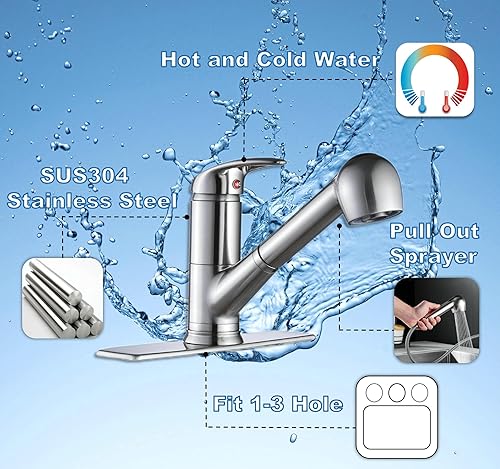 Miniatura 2 de Grifos de cocina de una sola palanca con rociador extraíble,Grifo de fregadero de cocina de arco bajo de acero inoxidable de una sola manija,Grifo