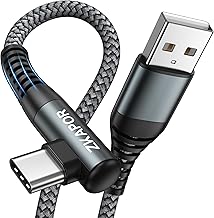 ZKAPOR USB Type-C Cable 90 Degree 1M, Fast Charging Nylon Type C Compatible for iPhone 15/15 Pro Max, Samsung Galaxy S23/S22/S21, Note 10, Huawei P40/P30, Google Pixel - Grey