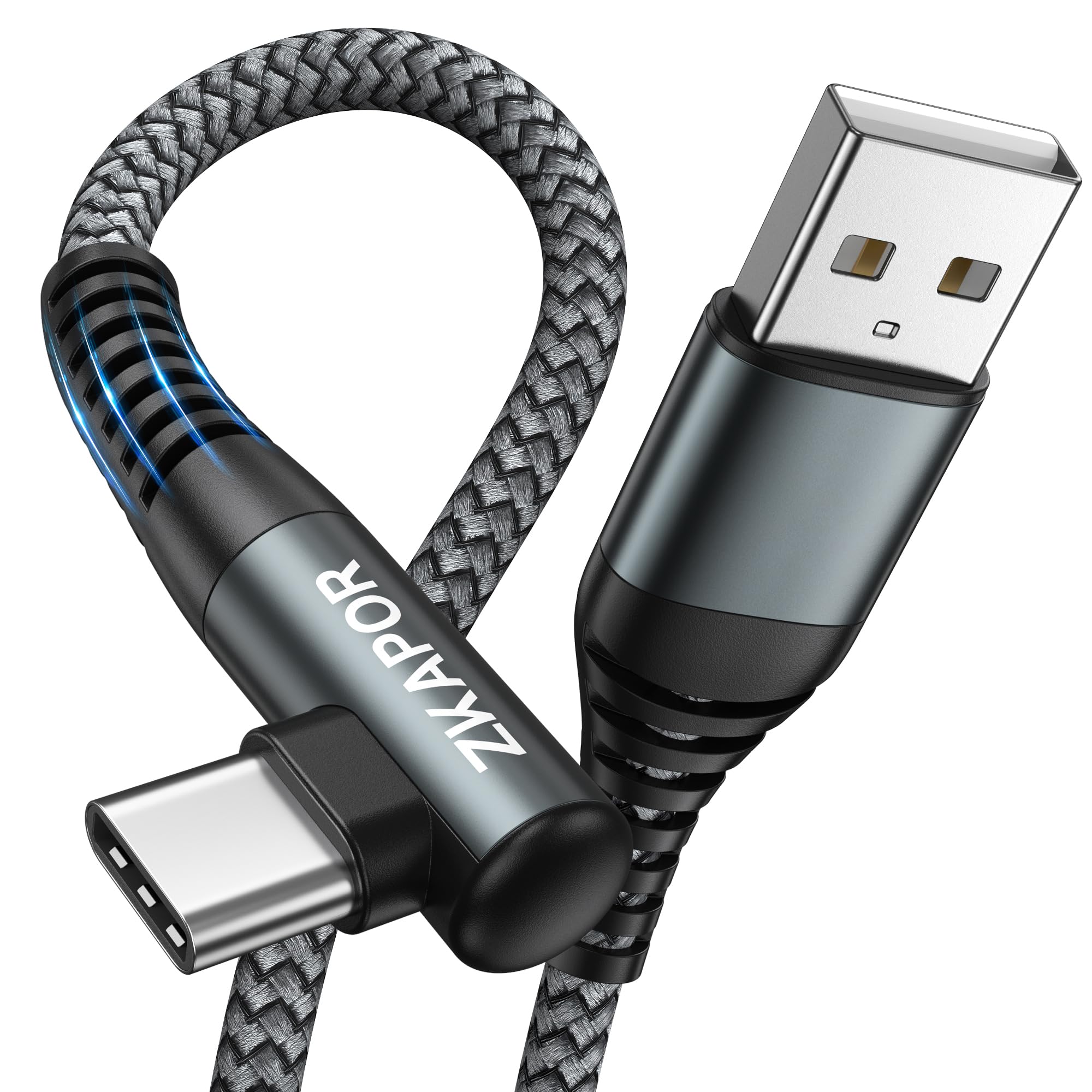 ZKAPOR Cavo USB Type-C 90 Gradi 1M, Ricarica Rapida Nylon Tipo C Compatibile per iPhone 15/15 Pro Max, Samsung Galaxy S23/S22/S21, Note 10, Huawei P40/P30, Google Pixel - Grigio
