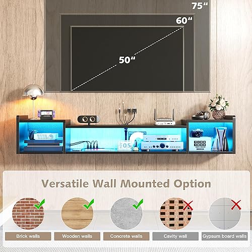 Miniatura 8 de 71" W Floating TV Stand with LED Lights & Power Outlets Wall Mounted Entertainment Center for 606575" inch TV Shelf, Long TV Stand for Living Room,