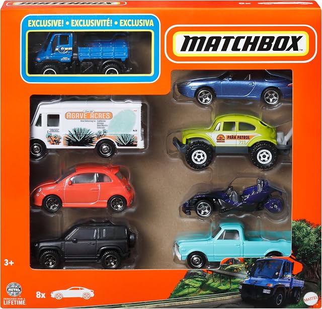 Matchbox-Set mit 8 Die-Cast-Autos oder -Trucks im Maßstab 1:64 (Verschiedene Modelle, zufälliges Set), themenbezogenes Multipack, darunter 1 Exklusives Fahrzeug, HVR81 | 8 thematische Druckguss-Fahrzeuge im Maßstab 1:64 inkl. 1 exklusiv, Stile können variieren, keine Batterien, ab 3 Jahren