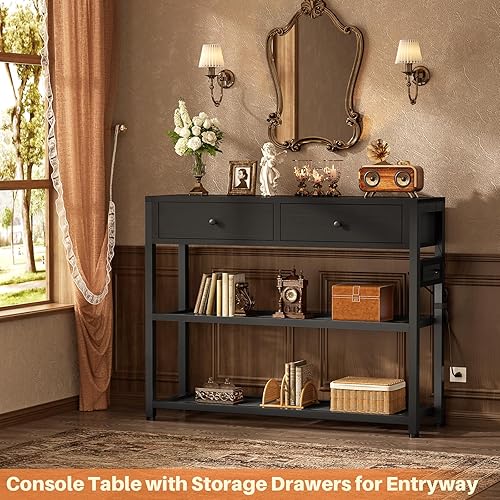 Miniatura 6 de Ecoprsio Entryway Table with Outlets and USB Ports, Console Table with 2 Drawers, Small Sofa Table with Storage Shelves for Living Room, Couch,