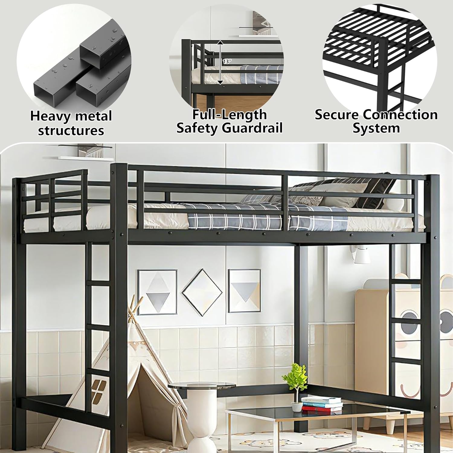 Close-up of Bellemave loft bed features: heavy metal structures, full-length safety guardrail, and secure connection system.