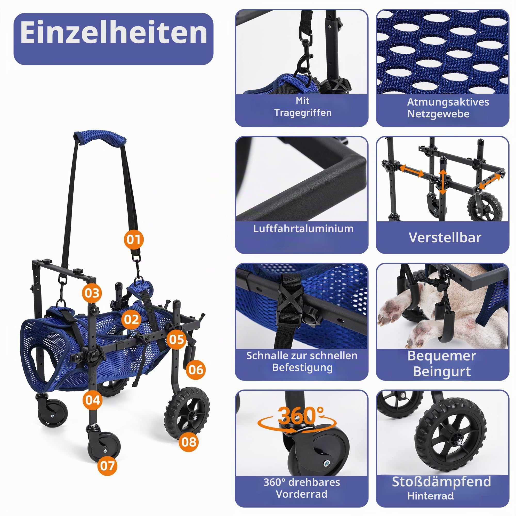 Hunderollstuhl mit 4 Rädern für behinderte und ältere Hunde, verstellbare Mobilitätshilfe für Haustiere mit Griff, Rollstuhlwagen für Rücken-/Vorderbeine, Rehabilitation