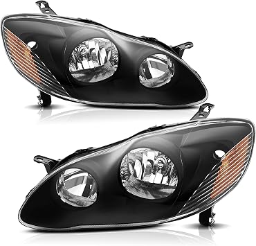 Headlights Assembly Compatible with 2003 2004 2005 2006 2007 2008 Toyota Corolla Halogen Headlamp Pair, Black Housing