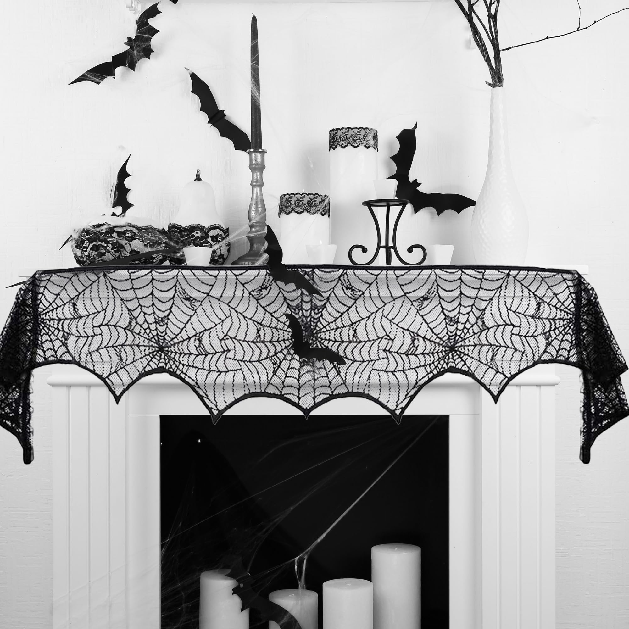 JGMGWJ Halloween Mantel Scarf Black Lace Spiderweb for Fireplace Decor Halloween Decorations Indoor Fireplace Scarf(18 x 96 inch)(Black)