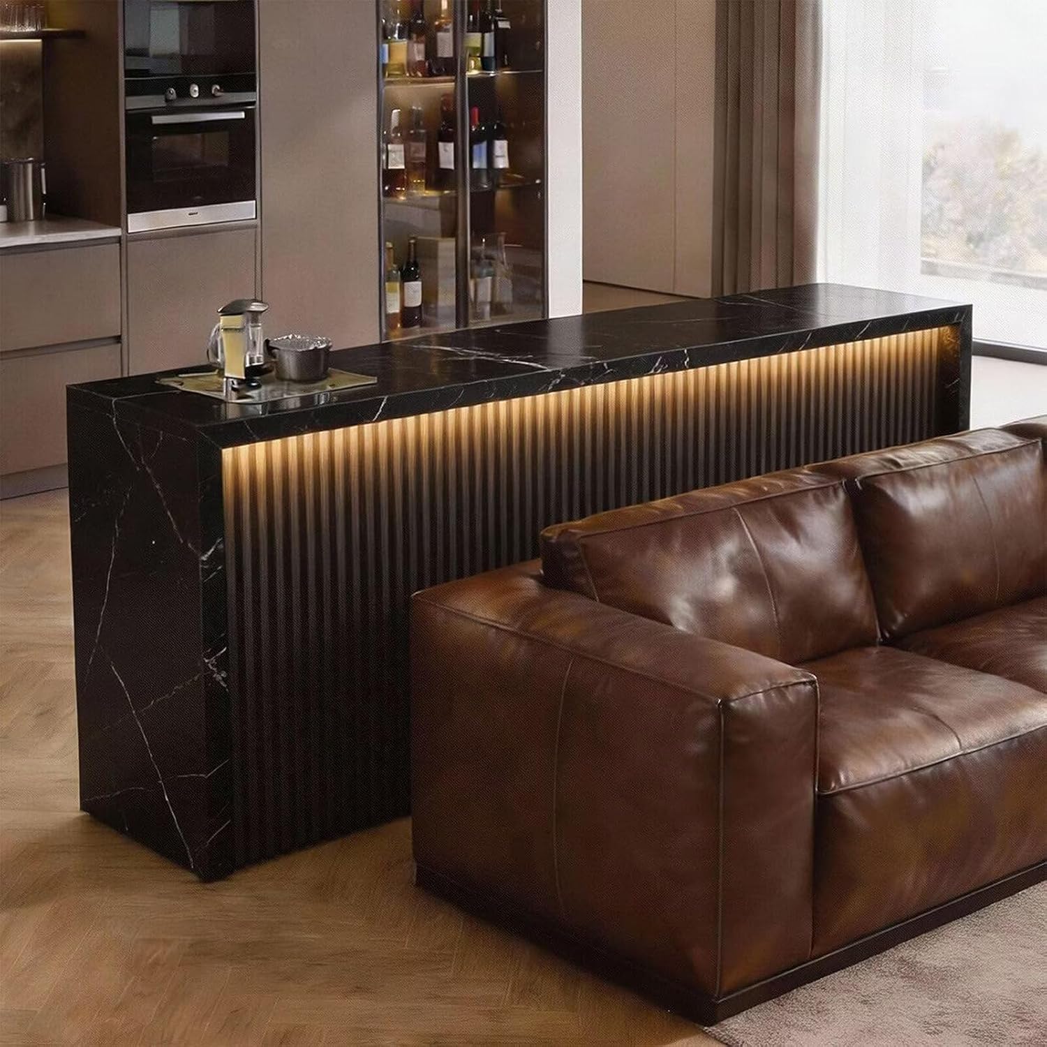 Bar Table - High Top Bar Table with Grooved, Black Living Room Tall Island Counter Includes Ambient Lighting for Living Room (60IN No Chairs)