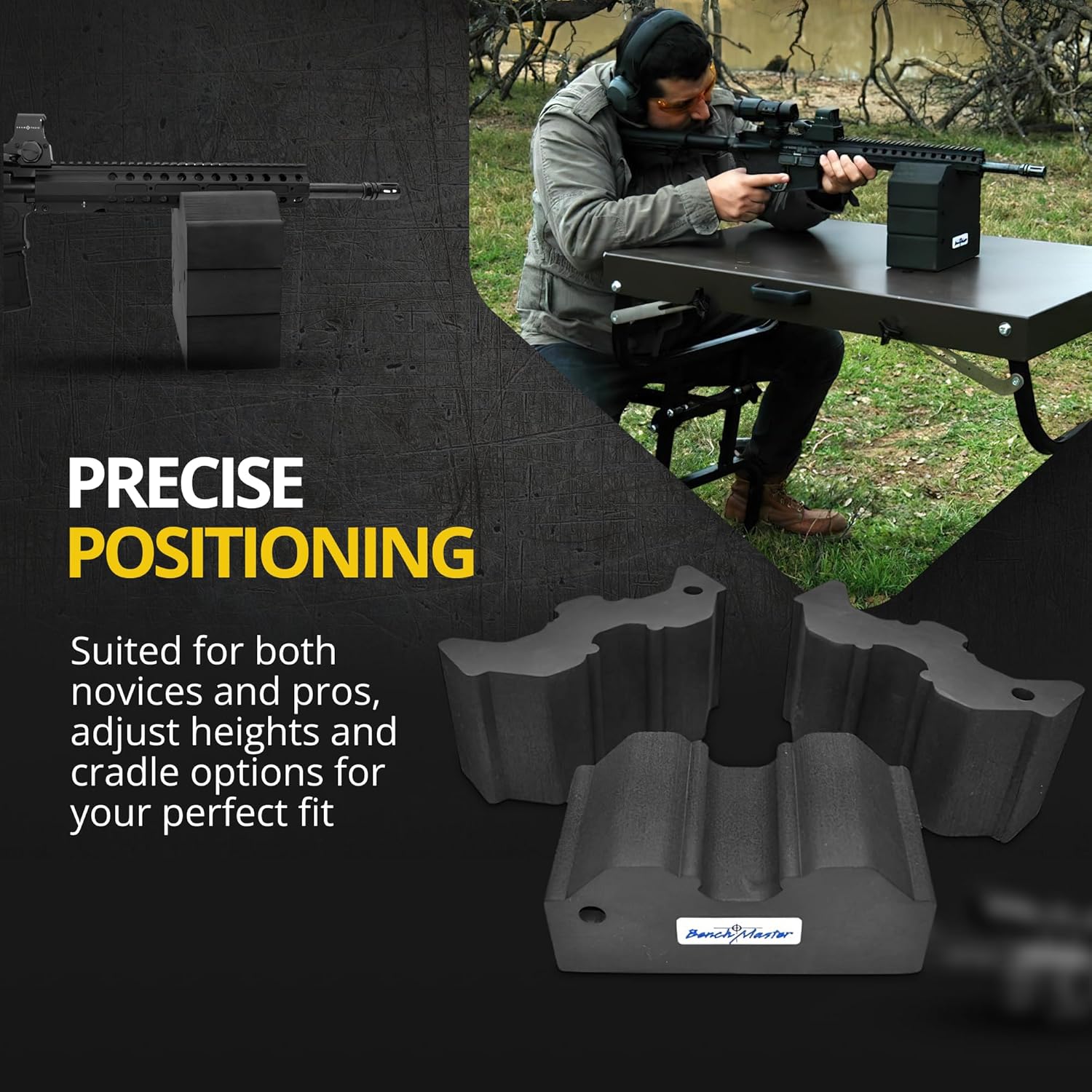 BenchMaster 3 Piece Bench Block (2.5", 4.5", and 7.5"), Adjustable, Precision-Enhancing Rifle Rest, Recoil Reduction, Lightweight, Weather & Heat -Resistant, Made in The USA
