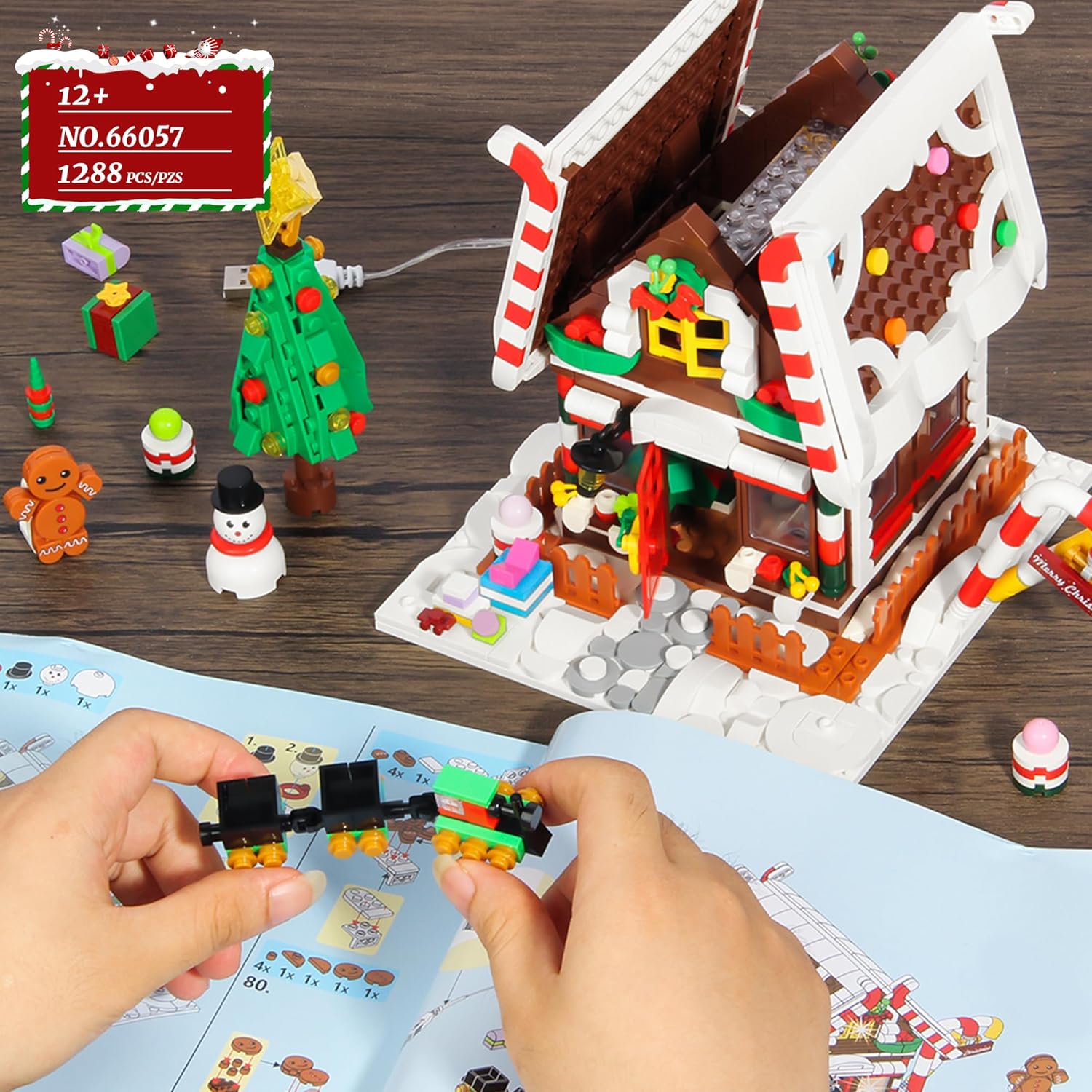 Christmas Gingerbread House Building Block for Girls Age 12+ with LED Lights, Christmas Village House Blocks Set with Christmas Tree and Train, Perfect Xmas Holiday for Adults, 1288Pcs