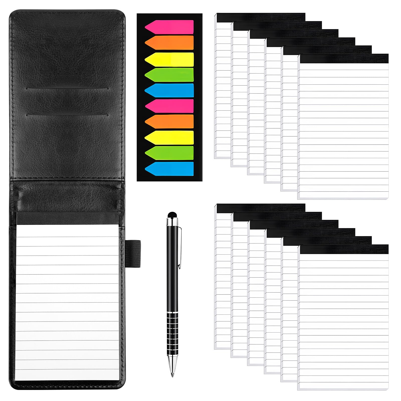 Akamino 12 Pcs Mini Pocket Notepad Holder Set, A7 PU Leather Notebook Holder with Lined Sheets,Metal Pen &3x5In Memo Book Refills with 30 Lined Paper Per Note Pad for Conference Business Travel(Black)