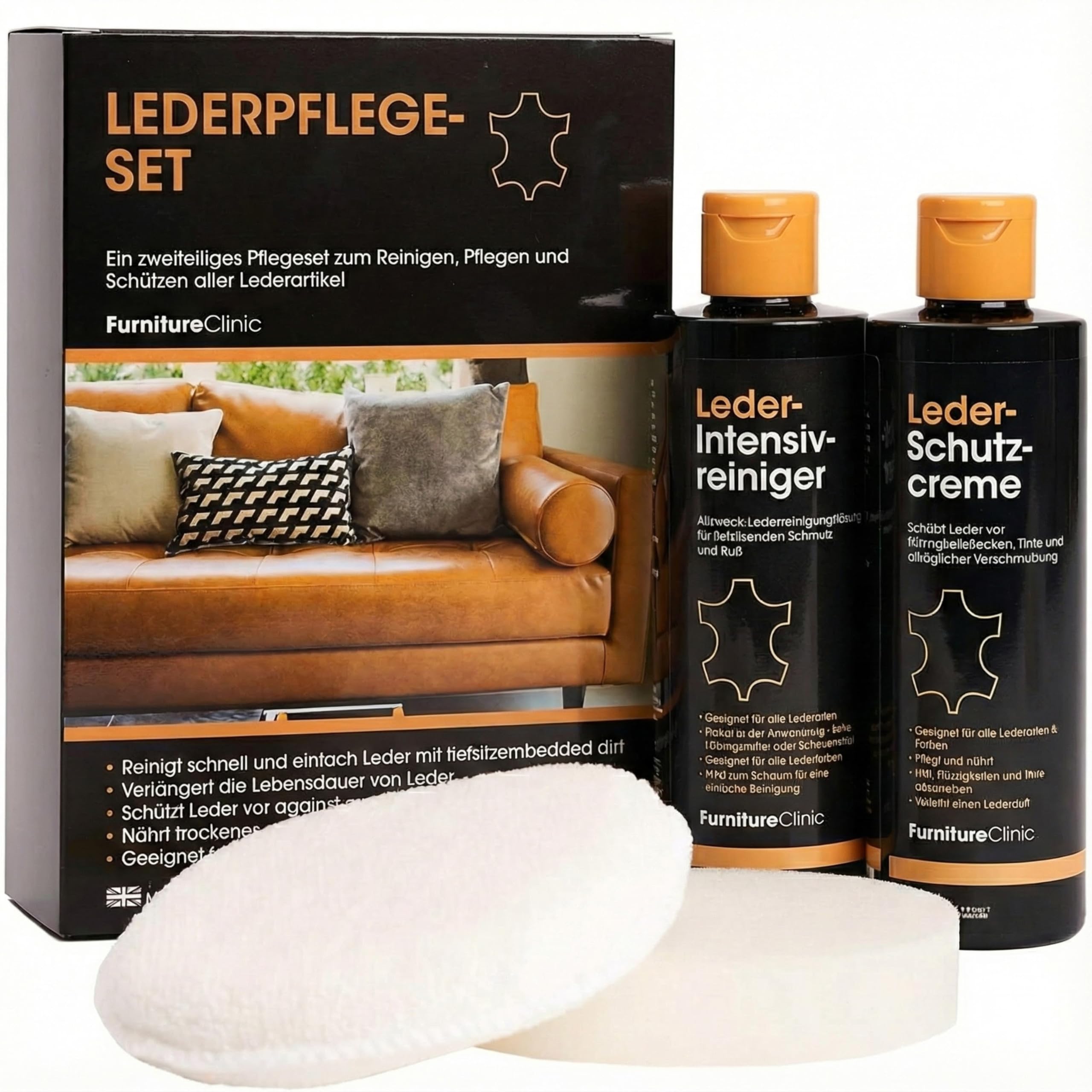 Furniture Clinic Lederpflege-Set 2x250ml – Premium Lederreiniger + Conditioner - Pflegecreme mit Lederduft, inkl. Schwamm & Reinigungstuch – für Couch, Sofas, Autositze, Möbel