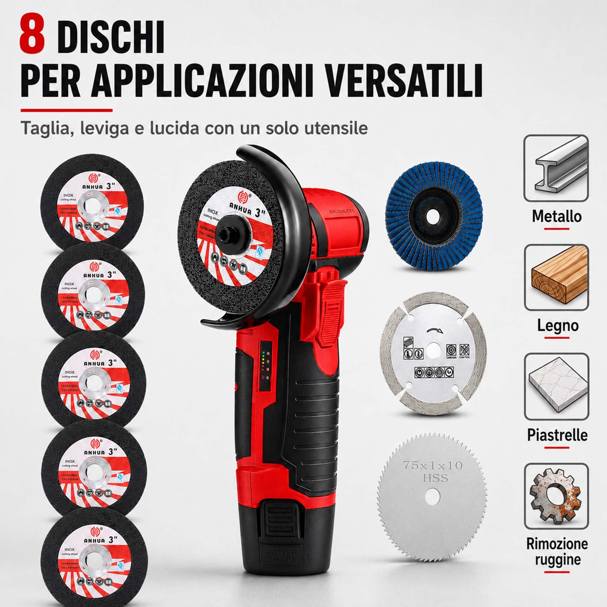 Mini smerigliatrice angolare a batteria, 12 V, 76 mm, senza spazzole, con 2 batterie da 1500 mAh e 8 dischi, 19500 giri/min, smerigliatrice elettrica multifunzione per legno e piastrelle (rosso)