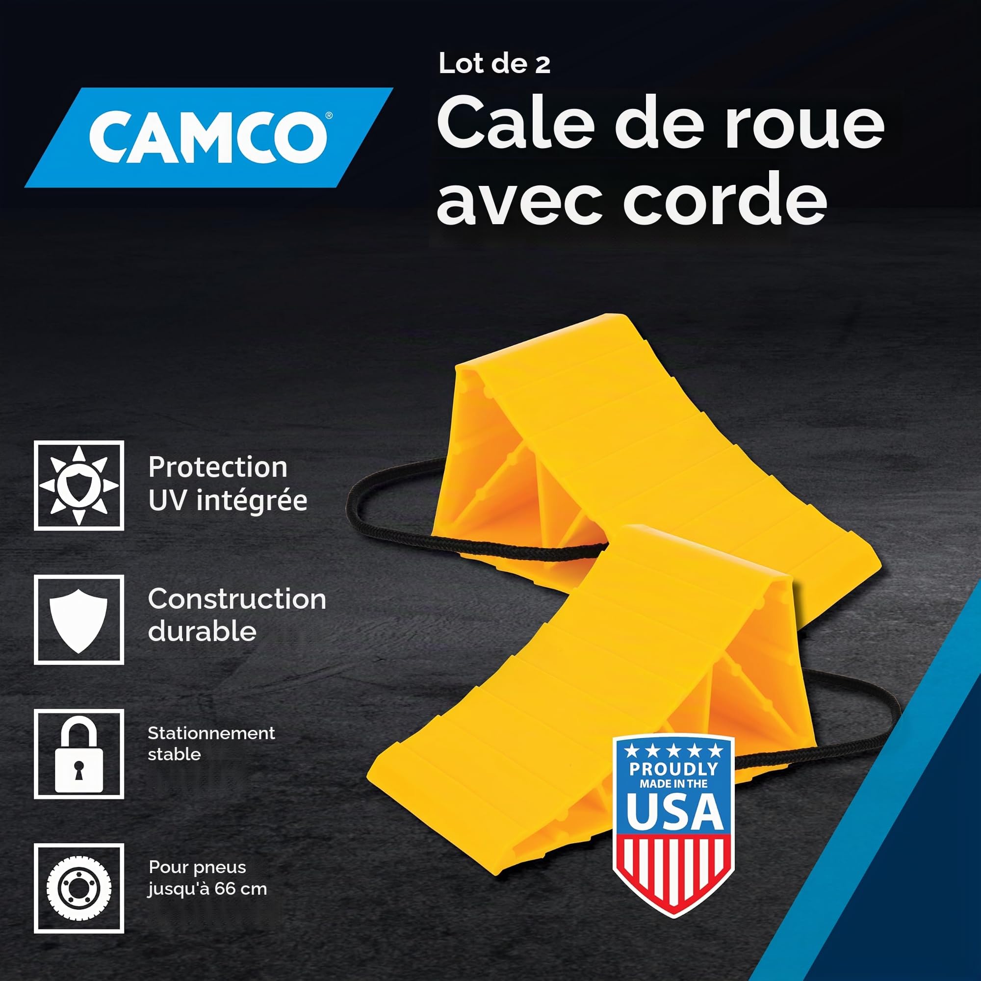 Camco 44471 Cale de Roue avec Corde, Lot de 2, Lot de 2, Lot de 2